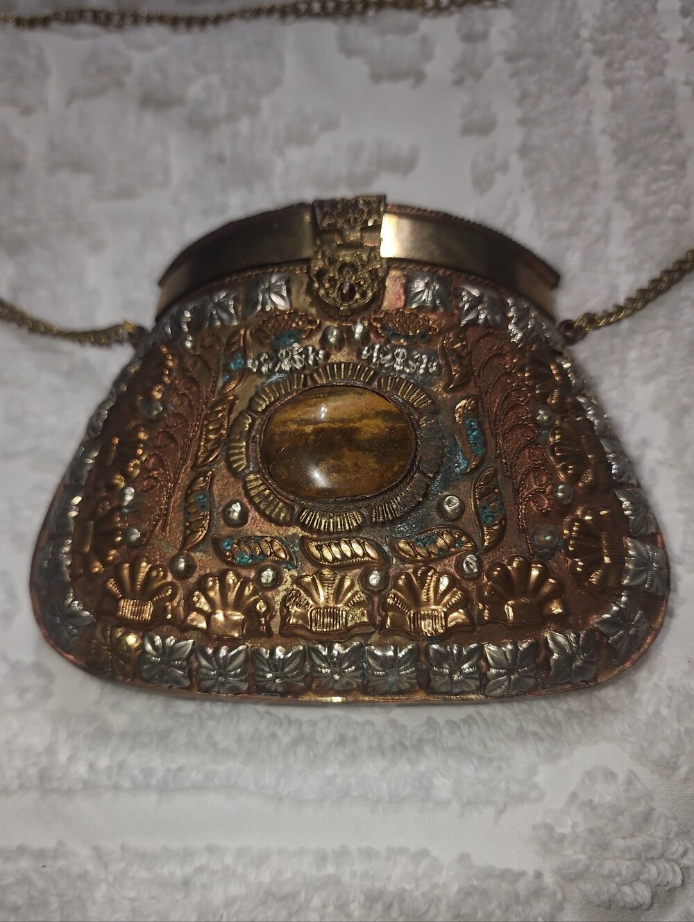 Vintage Sajai Indian Ethnic Sling Bag Clutches, Brass/Copper w/ Metal Chain - Picture 1 of 13